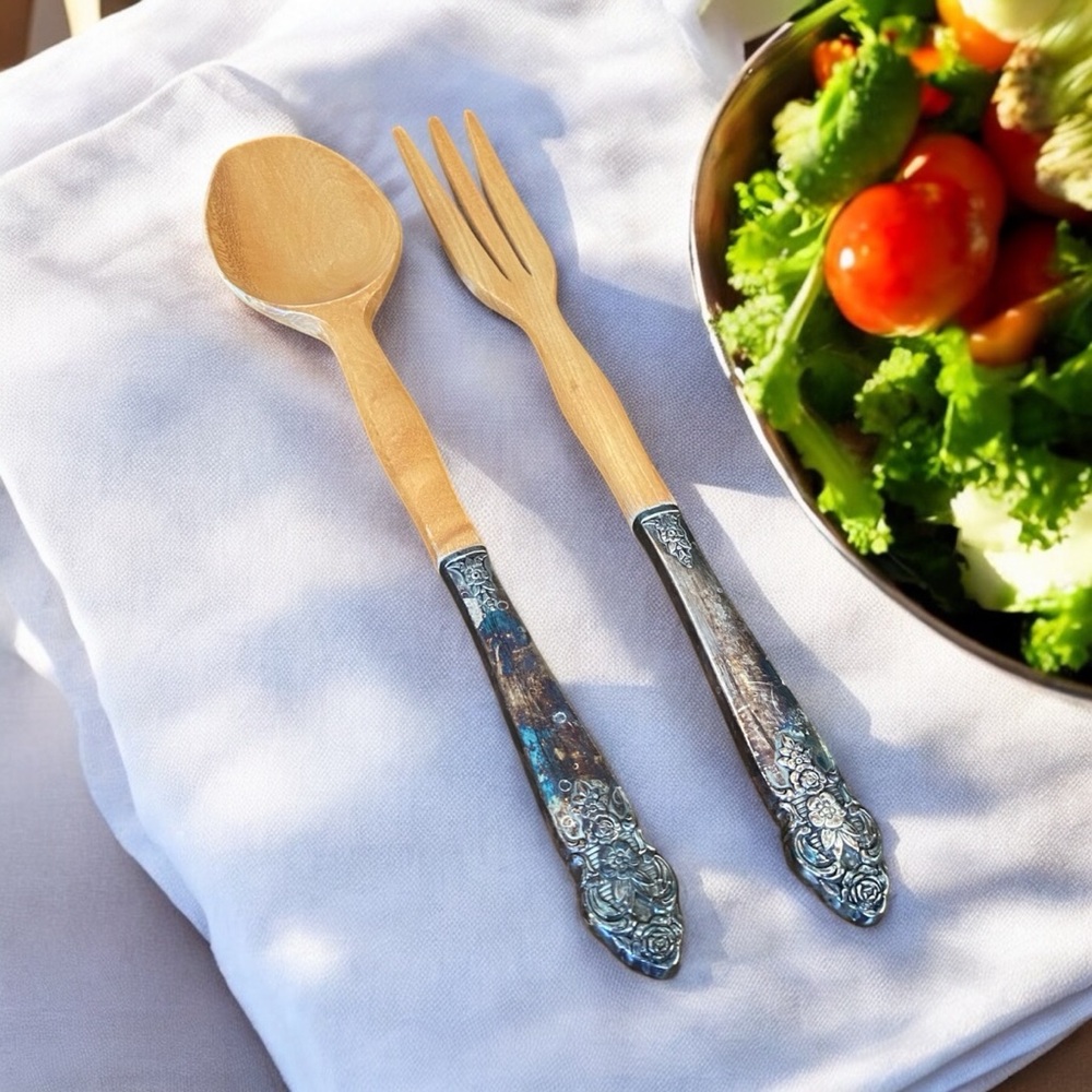 Vintage MCM Teak Wood & Sterling Silver Repousse Salad Serving Set 11.25"